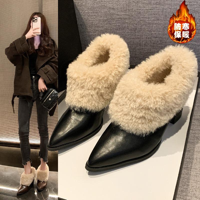 One-pedal fluffy high-heeled bare boots, winter plush warm fashion boots, new pointed-toed plush single shoes