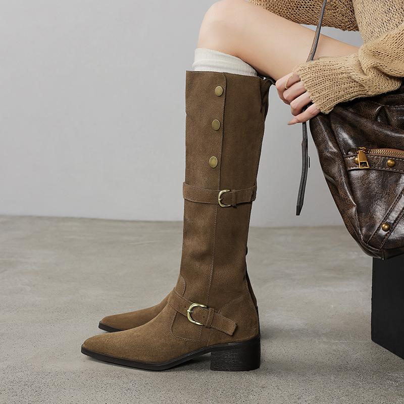 Fashion 2025 New Size 34-40 Knee High Boots for Women Genuine Leather Cow Suede Square Heels Winter Shoes Women Long Tall Sexy Boots