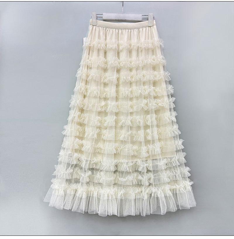 

Women s High-Waisted Sweet Patchwork Fluffy Tulle A-Line Mid-Length Fairy Skirt One Size абрикосовий