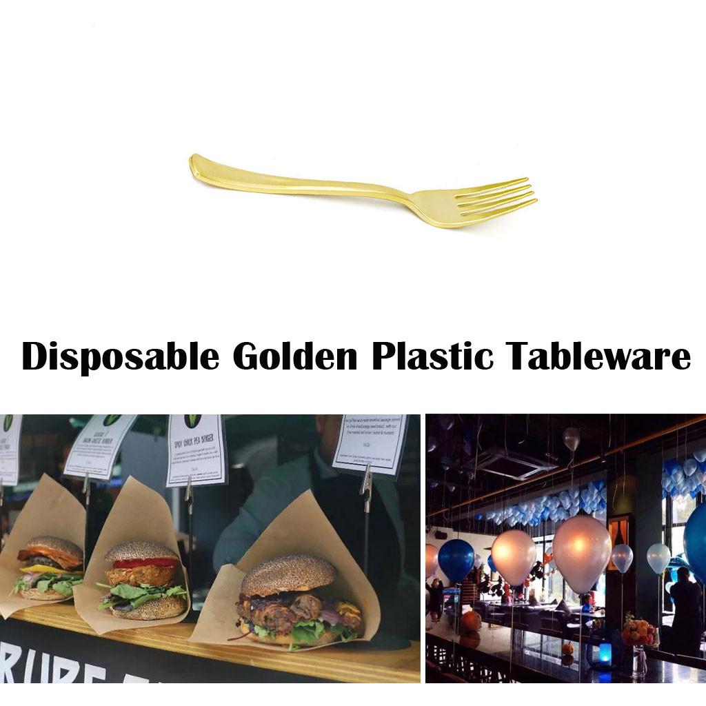 Einweg Gold Farbe Kunststoff Geschirr Besteck Löffel Gabel Set 25PC Heiße Party