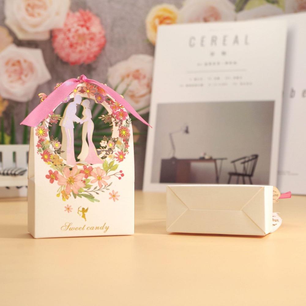 15pcs Floral Candy Boxes with Ribbons Wedding Gift Packing Box Bridal Shower Treat Bags Gift Packaging Paper Craft Party Supplies Wedding Party Gift