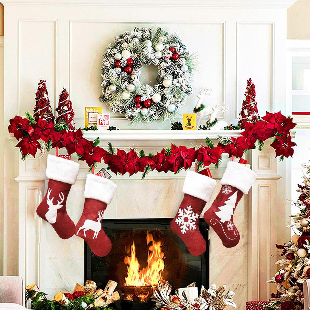 Red Reindeer Snowflake Plush Christmas Stockings - Festive and Cute Holiday Ornaments