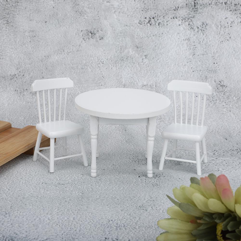 1:12 Miniature Wooden White Dining Table and Two Chairs Kitchen Furniture Set Dollhouse