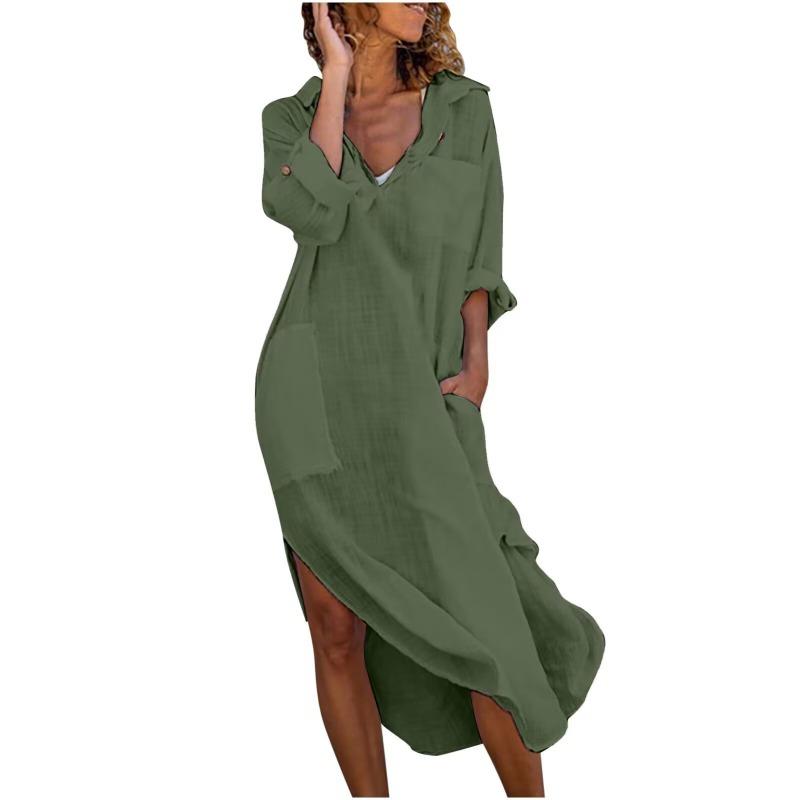 Nuova Lunga Camicia Vestito Casual Larga Spaccata Primavera Estate Donna Taglie Forti Moda Elegante Tasche Monocolore Vestiti da Festa Sottile Abbigliamento da Ufficio Donna