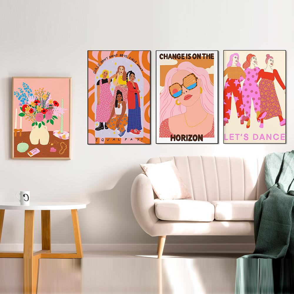 Cartoon Abstrakte Vase Rosa Niedlich Mädchen Tanz Poster Regenbogen Liebe Feministische Kunst Leinwand Druck Frau Tag Geschenk Malerei Zimmer Home Decor