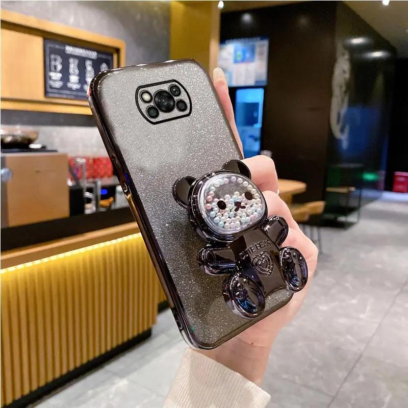 PocoX6 Pro Cute Bear Holder Bracket Glitter Plating Case On for Xiaomi Mi Poco X6 X3 X5 M6 M5 M5S M4 M3 F5 F3 F4 Pro Stand Cover