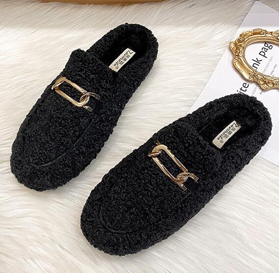 Fashion Winter Warm Plush Mules Women One Band Fur Slippers Cozy Cotton Shoes Woman Flats Cover Toe Fleeces Slides Femme Wool Pantuflas