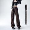 Women High Waist PU Leather Straight Wide Leg Pants Casual Loose Trousers
