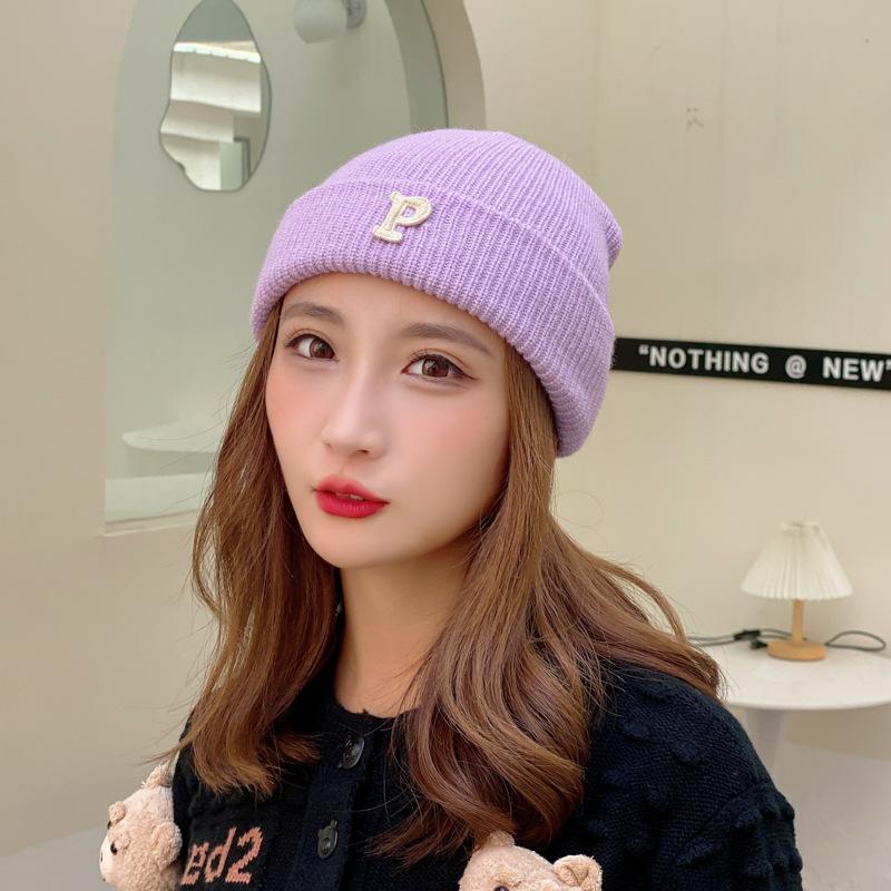 Winter Knitted Hat for Women Warm Pullover Hat P Shaped Bag Head Trendy Face Small Korean Version Wool Hat Men