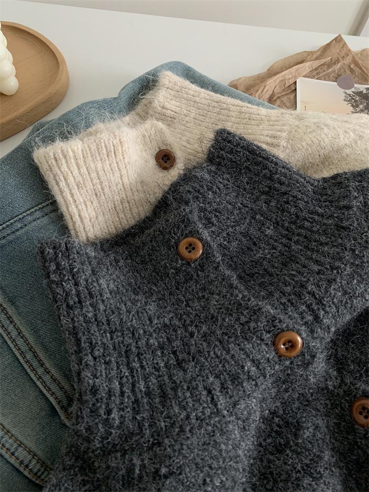 Minimalistischer koreanischer Wollstrick-Cardigan für Damen – Hoher Kragen, Knopfleiste, Weich & Trendig Herbst/Winter Pullover
