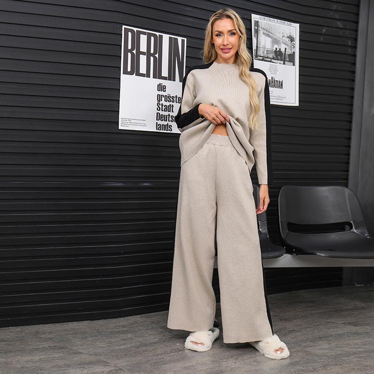 Conjunto de dos piezas de suéter de punto casual para mujer de otoño invierno, tops de manga larga tipo jersey y pantalón de pierna ancha, chándal