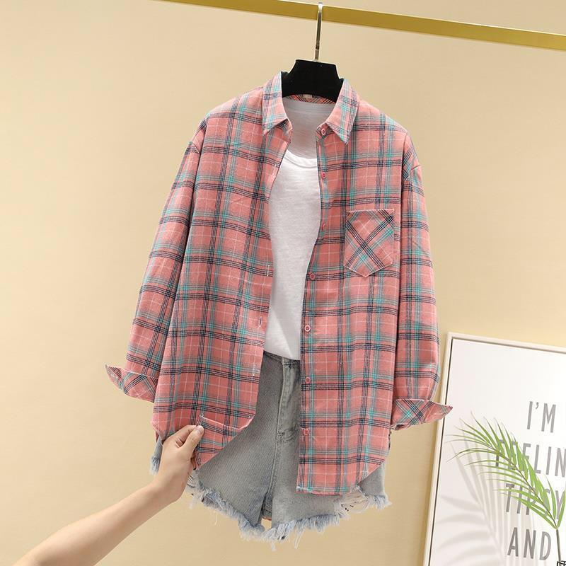 Camisa de Cuadros de Manga Larga para Mujer Primavera Otoño Algodón Lino Retro Corte Holgado Cuello Abotonado Grosor Normal