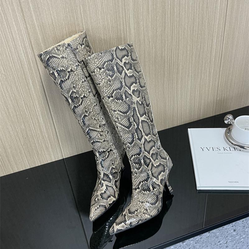 Fashion New Mixed Color Snake Patterned Side Zipper Knee High Boots Autumn Winter European American Fashion Pointed High-heel Long Boots