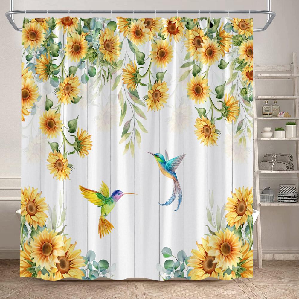 Rustic Sunflower Shower Curtain Butterfly Spring Floral Green Leaves Plant Bath Curtains Set Polyester Bathroom Decor with Hooks