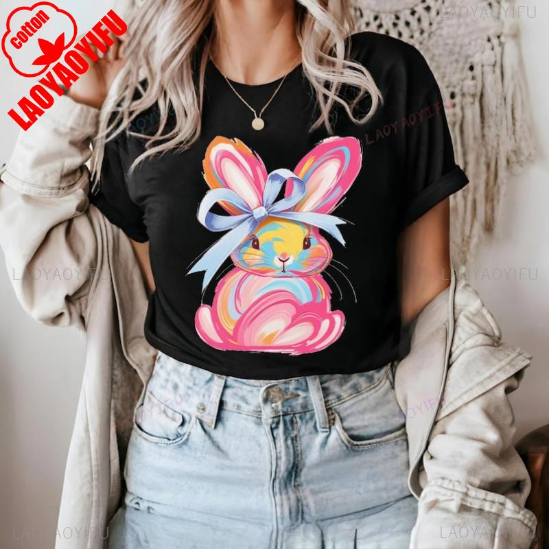 Brushstroke Bunny Easter T Shirt Kawaii Women Short-sleev Tee-shirt Retro Style Streetwear Fashion Casual Cotton Tops Ropa Mujer