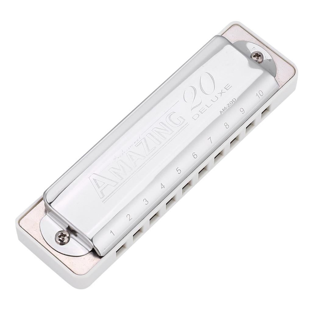 KONGSHENG AM 20D Phosphor Bronze Reed 10 Hole 20 Tone Blues Harmonica In the Key of D(White)