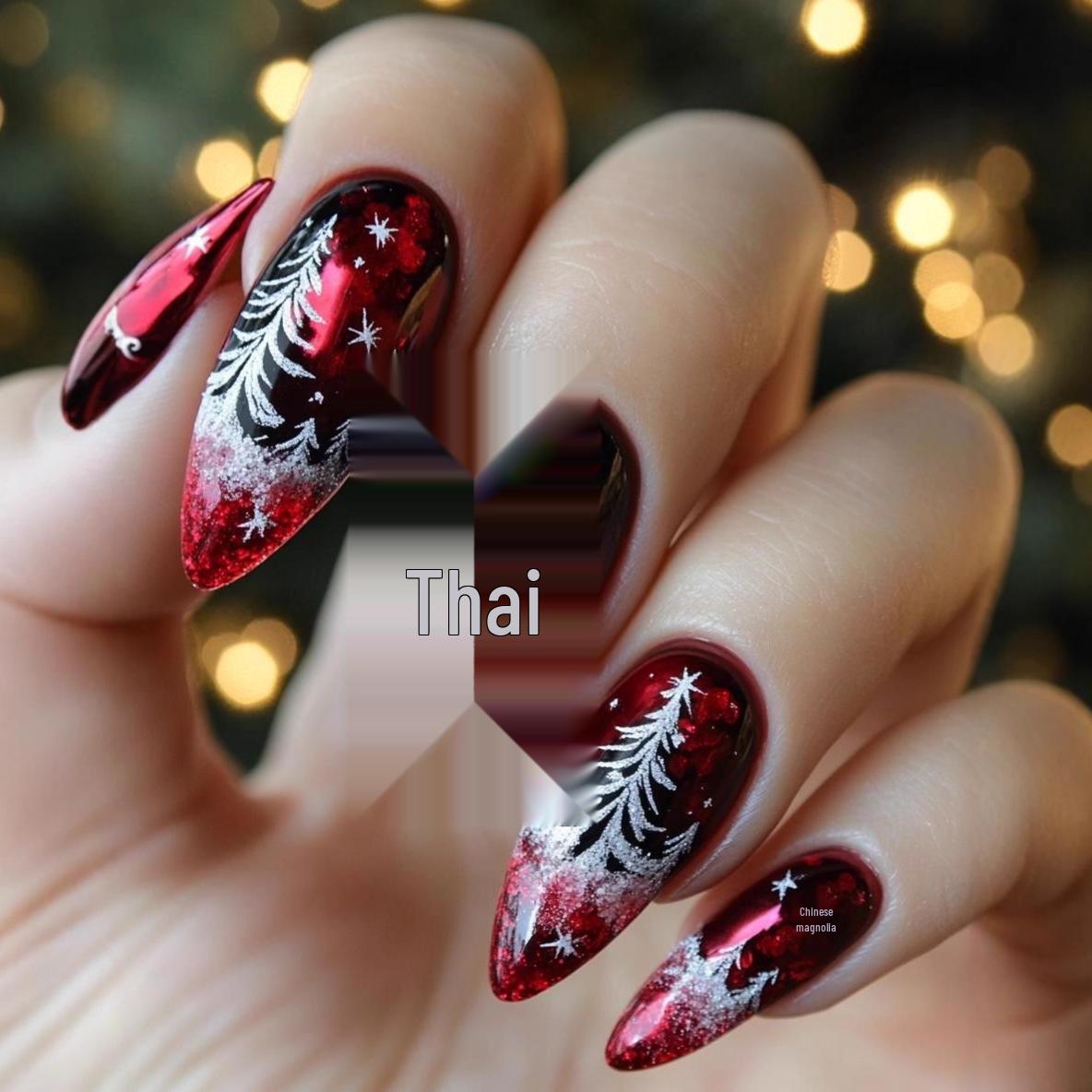 Red and Black Gradient Wearable Nails - 24-Piece Set with Fine Glitter and Wine Red Mirror Finish. Perfect for Christmas!