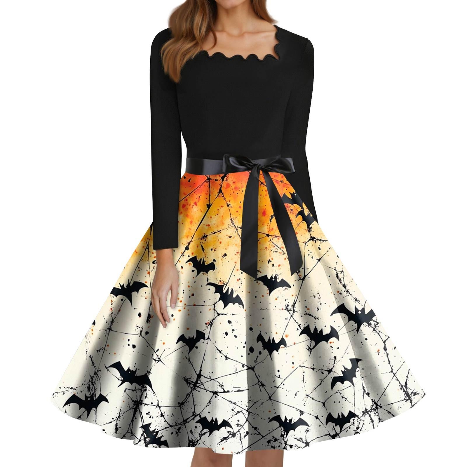 

Women s Fashion Square Neck Casual Slim Halloween Printed Long Sleeve Dresses XL жёлтый