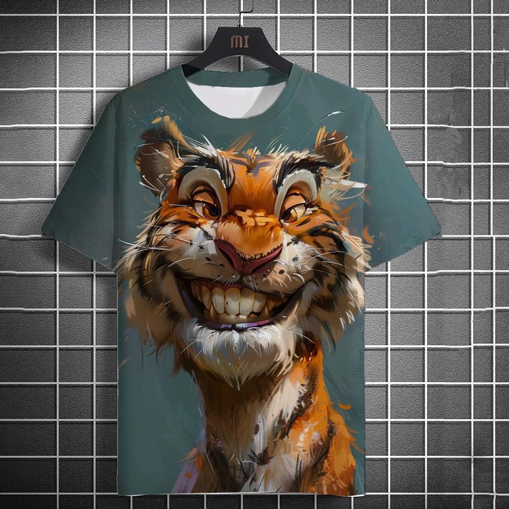 New Fashion Men's Clothing Casual T-shirt 3D Printing Fun Animal Tiger Print Short Sleeve Street Fashion Round Neck Tops