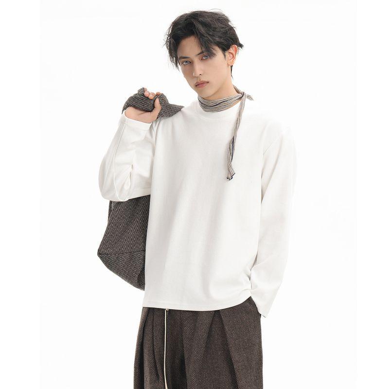 Acrardic 320g Heavyweight Long-Sleeved T-Shirt for Men, Cleanfit Texture, Casual Loose Round Neck Base Shirt Top