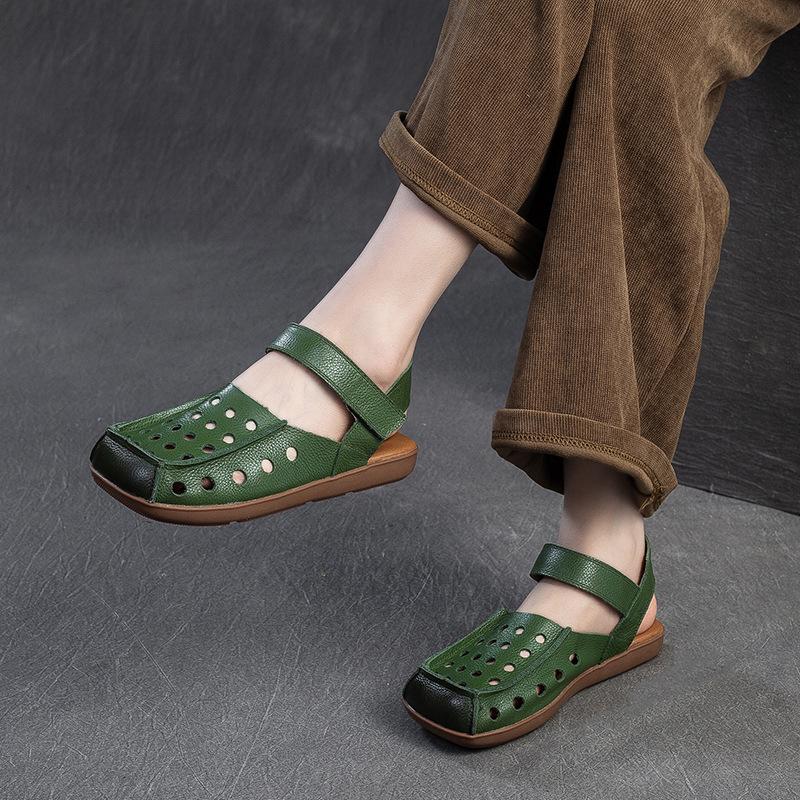 Fashion GKTINOO 2025 Spring Summer New Genuine Leather Flat Sandals Round Toe Hollow Retro Style Comfortable Soft Women's Shoes