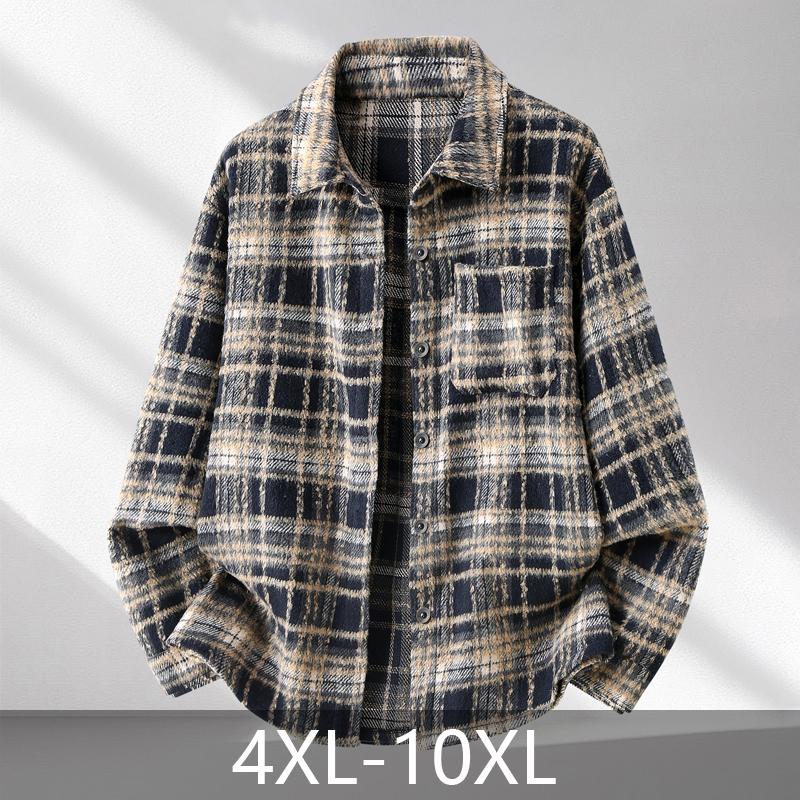 Men's Plus Size Plaid Flannel Shirt Lapel Collar Oversized Shacket 4XL‑10XL