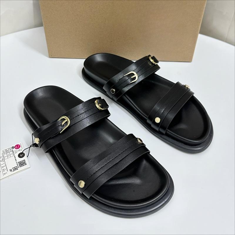 

Fashion Casual Thick Sole Women Flat Sandals 2025 Summer Retro Belt Buckle Design Slip on Open Toe Brand Walking Beach Shoes for Female 42 чёрный