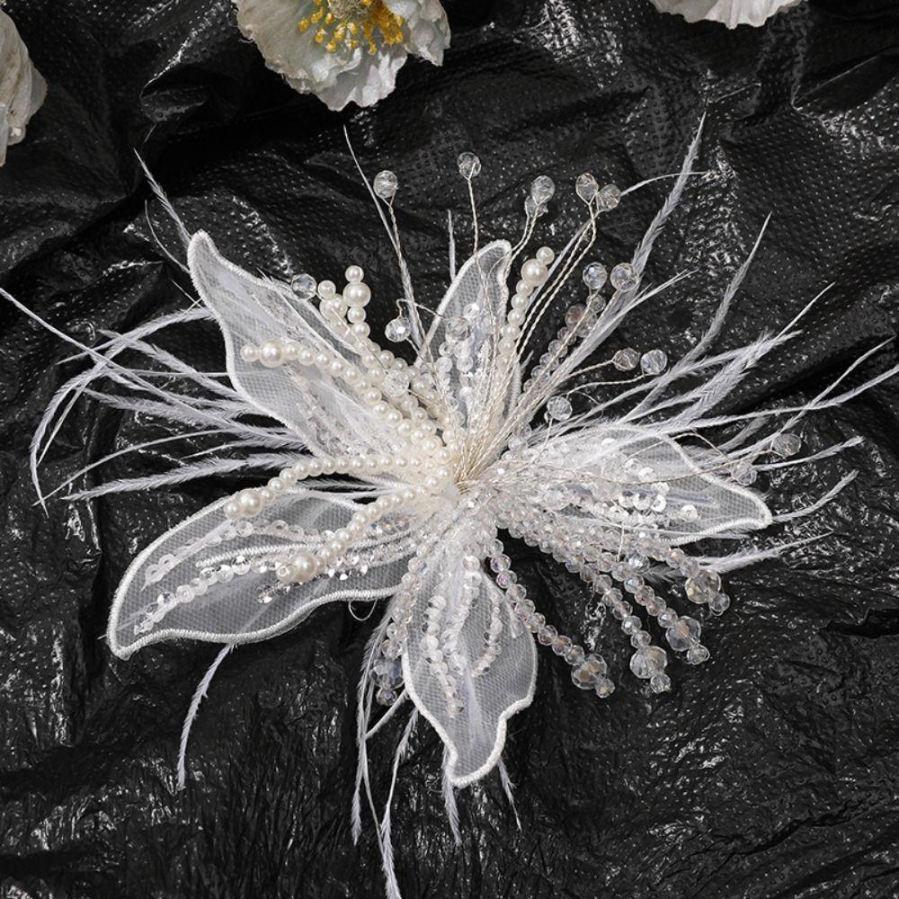 Crystal Flower 3D Organza Flower Patch Feather Pearl Embroidery Patch  Dress Decoration