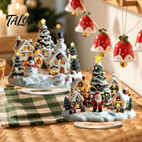 Winter Themed Decorative Art Christmas Acrylic Ornament, 2D Flat Snowy Cottage Ornament with Base, Small for Desk Display Santa Snowman Table