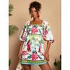 VEZFAA Women's Fashion Summer Spring Flower Pattern Print 1/2 Sleeves Square Collar High Waist Casual Dresses