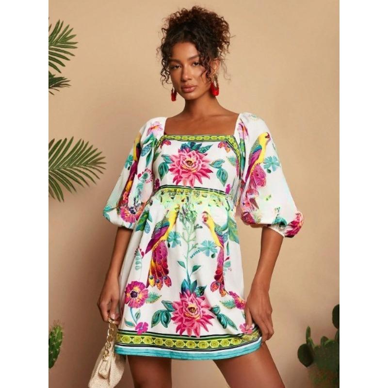 VEZFAA Women's Fashion Summer Spring Flower Pattern Print 1/2 Sleeves Square Collar High Waist Casual Dresses