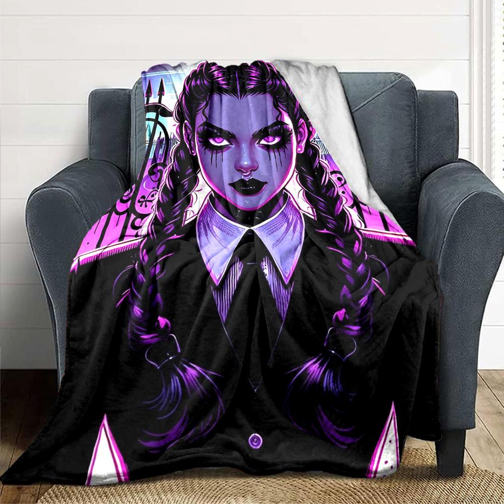 1pc Gothic, Wednesday Digital Printed Flannel Blanket, Super Soft Plush  Bed Cover, Multipurpose Quilt for Sofa, Bed, Office,02