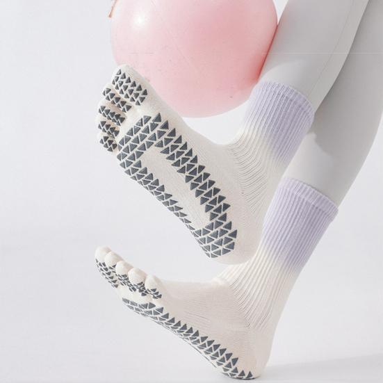 1 Pair Yoga Toe Socks with Non-slip Gripper Moisture Wicking Mid-calf Socks Women Ballet Dance Pilates Cotton 5-Toe Crew