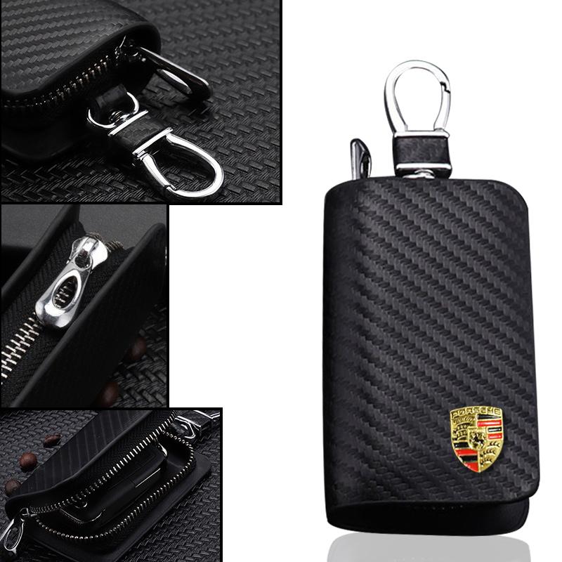 Carbon Fiber Car Key Case Key Bag Keychain Accessory For Porsche Cayenne Panamera Macan 911 718 Taycan Boxster Cayman 918 Pajun