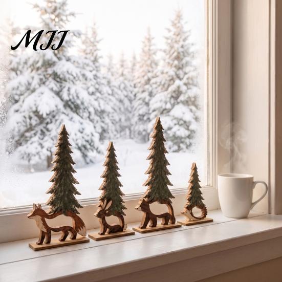Creative Gift for Friends And Family 4Pcs Wooden Animal and Pine Ornaments, Fox Rabbit Bear Hedgehog Rustic Forest Theme Decorations Figurine,