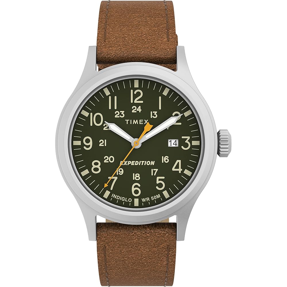 Timex Expedition Scout Men s Watch 40mm Silver Tone Case Green Dial Brown Leather Strap