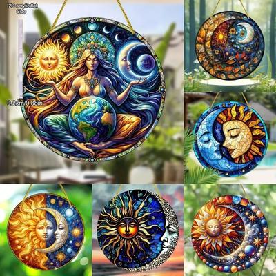 Sun Moon & Earth Round Stained Sun Catcher - Translucent Window Hanging Sign, Novelty Home Decor, Perfect Durable for Bedroom