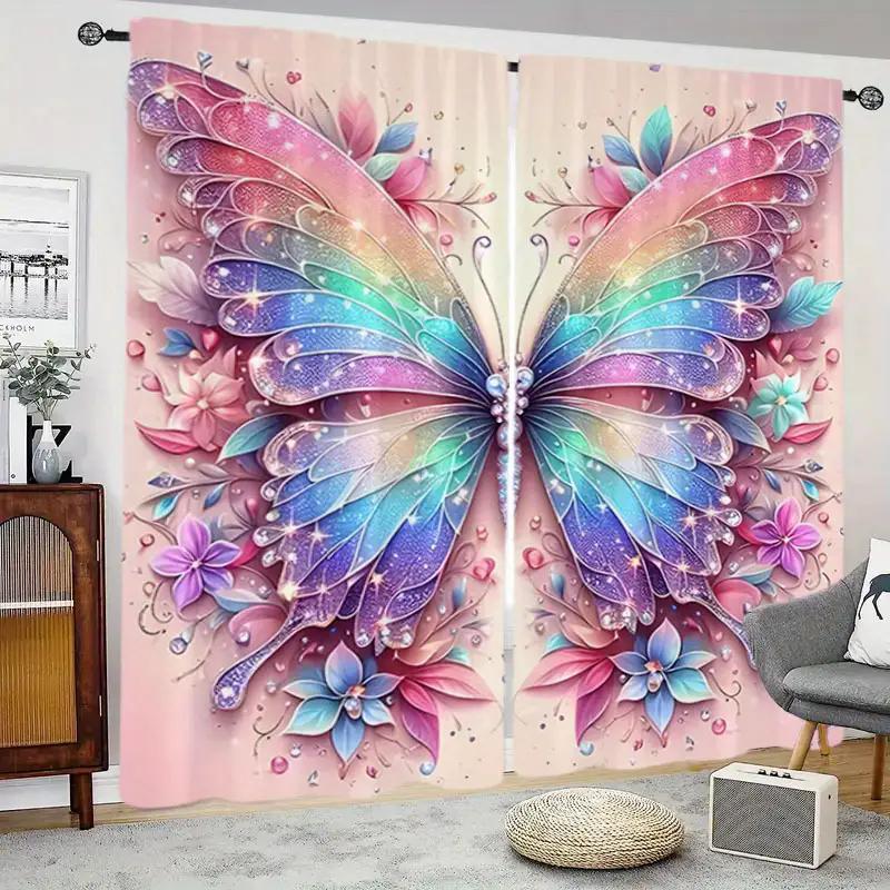 2PCS- Elegant Colorful Butterfly-printed Curtains   Pole Bag Curtains   Bedroom and Living Room   Home Decoration   Room Decoration