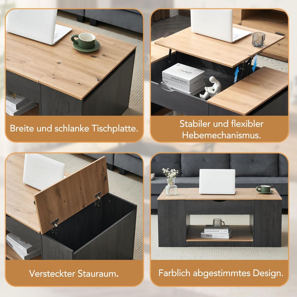 Couchtisch Kaffeetisch Offenes Fach, Versteckte Aufbewahrung, Hebbarer Tischplatte, Holz Sofatisch Beistelltisch Wohnung, Büro, Grau & Hellbraun