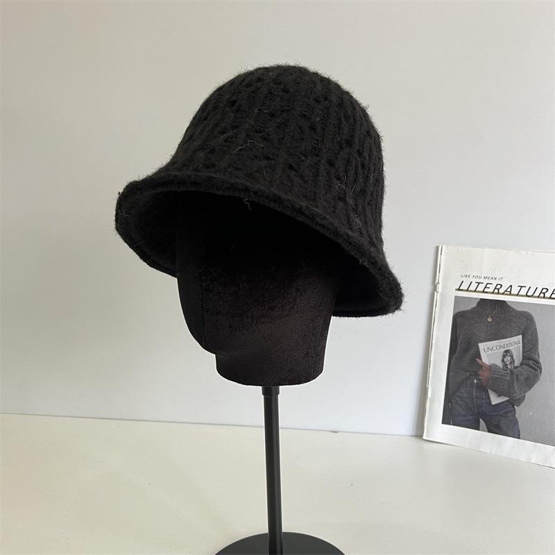 Knitted Double-sided Fisherman's Hat Children Autumn and Winter Black Plain Face Covering Bucket Hat Showing Face Small Warm Basin
