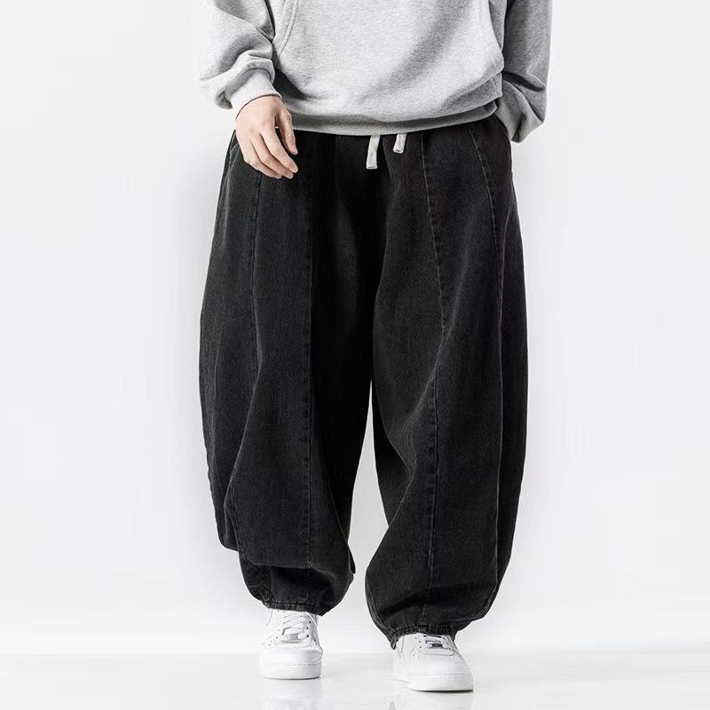 

Men s Pants Large Retro Loose Haren Straight Leg Pants Hong Kong Style Wide Leg Cowboy Lantern Pants M чорний