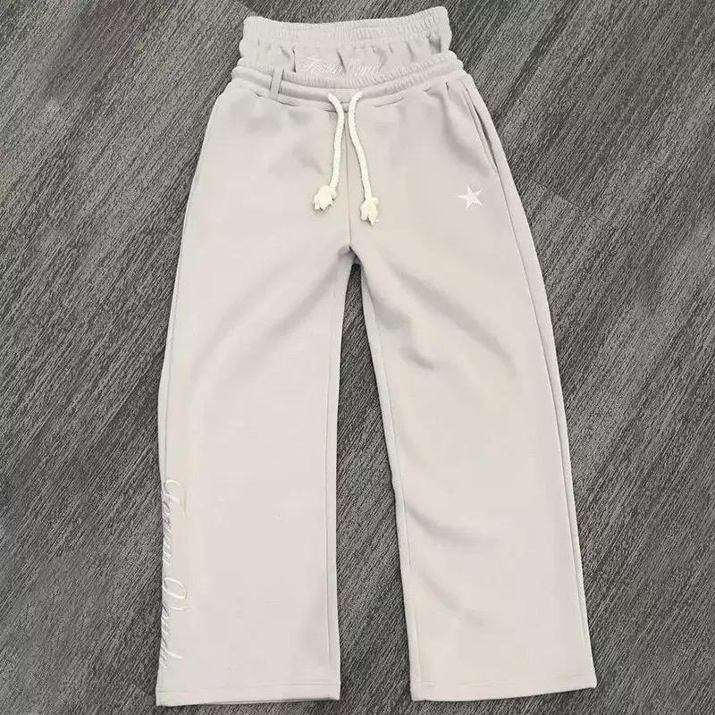 GLYDE American Retro Doppellagige Jogginghose Y2K Hose Herren Damen Einfarbige Buchstabengrafik Gestickt Lässige Baggy Jogginghose