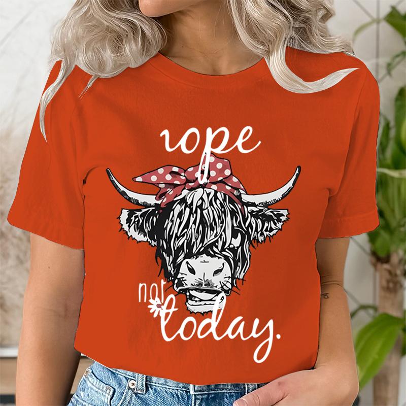 Women Funny T Shirts Cute Hairy Scottish Highland Cow TShirt Round Neck Casual Tops Women Cow Head  Letter Print Short Tshirt