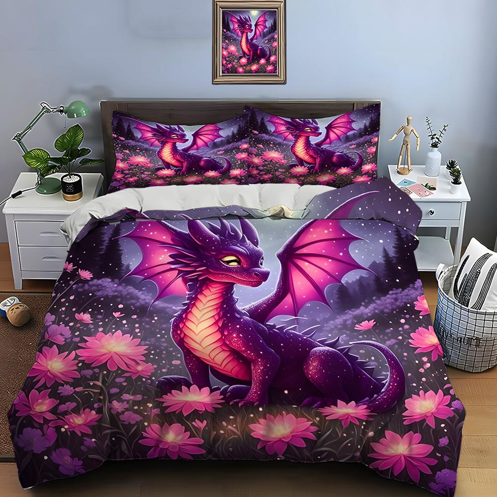Purple Dragon In Moonlit Flowers Print Bedding Set 1 Duvet Cover 2 Pillowcases For Adult And Children Luxury Gift Full Size