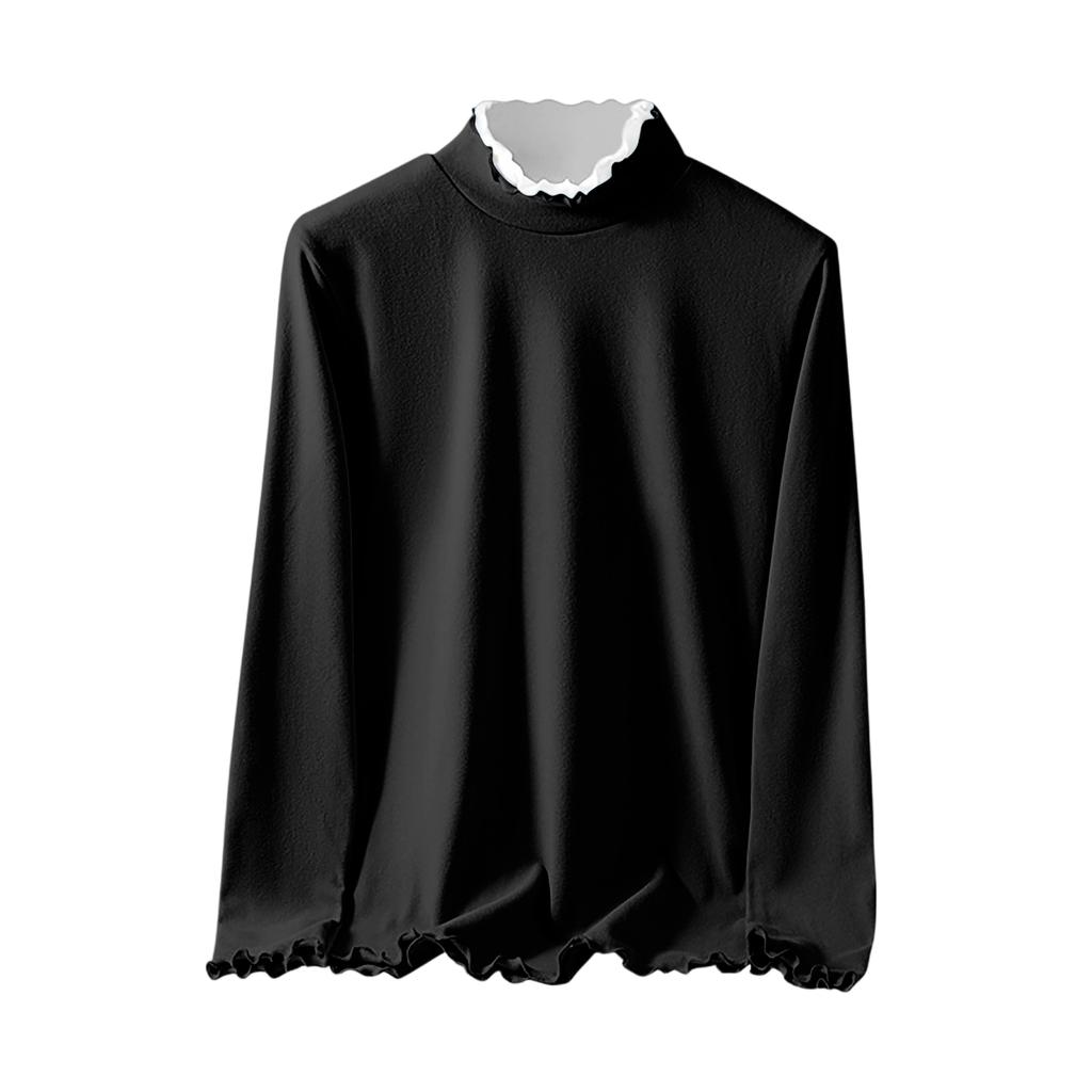 Ladies' Slim Fit Pullover Shirt With Lace Collar, Black Fungus Edge, German Velvet Long Sleeved Base, Top