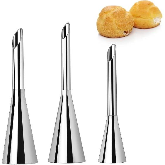 Large Cream Icing Piping Nozzle Tips 3 Pieces Professional Stainless Steel Puff Nozzle for Decorating Cake and Filling Pastry