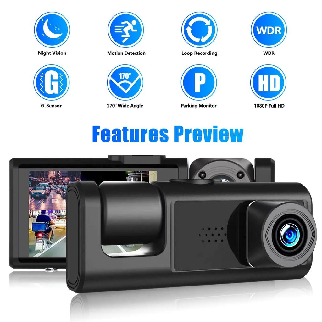 3 Channel Dash Cam for Car Camera Video Recorder Dashcam DVRs Black Box Dual Lens DVR with Rear View Camera 24H Parking Monitor