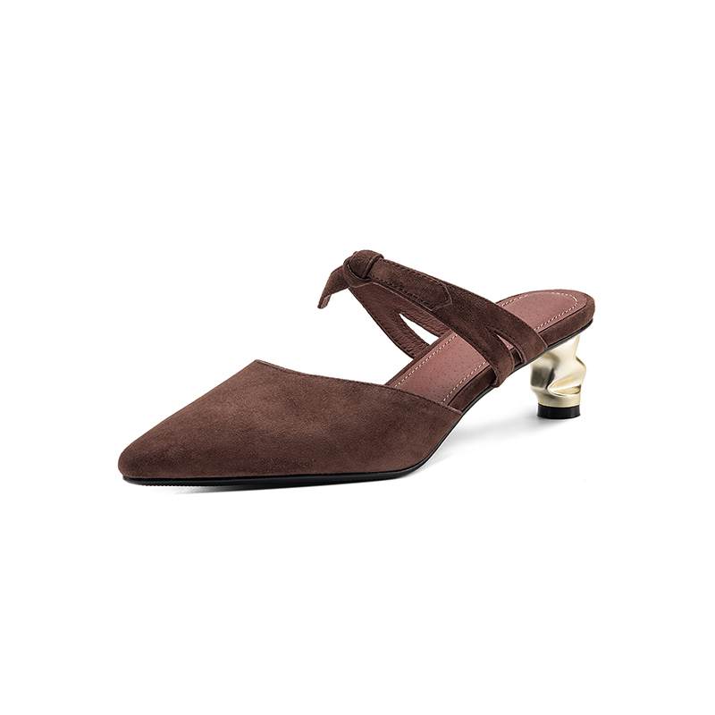 Krazing Pot Suede Butterfly-knot Mules Strange Style Med Heels Summer Size 42 Pointed Toe Slip on Women Shallow Pumps