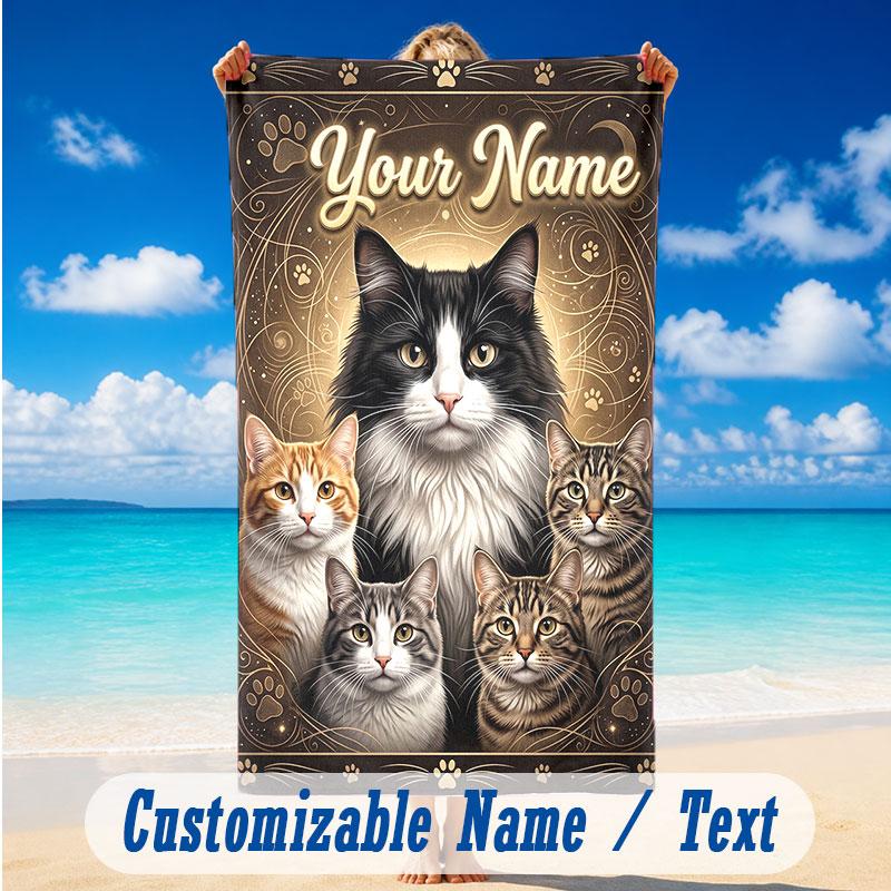 Cat Theme Beach Towel Personalized Custom Name & Text Soft Quick Dry Beach Towel for Swimming Travel