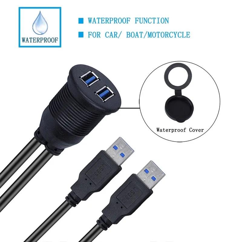 Car Accessories Dashboard Dual USB 3.0 Male To Female Cable Flush Mount USB Socket with LED Indicator for Car Truck Marine